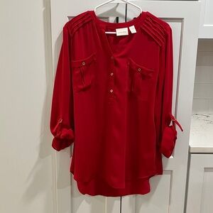 Chico's Women's Red Polyester V-Neck Botton Pocket Adjustable Sleeve Blouse Top